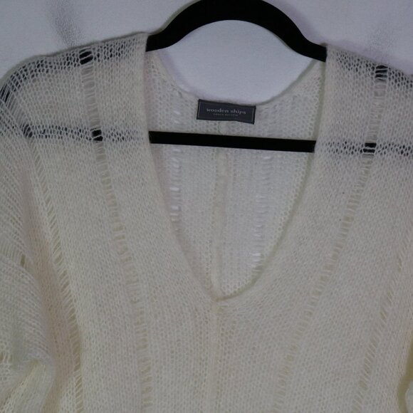 Wooden Ships Open Knit V Neck Sweater Ivory Small Medium Slouchy Wool Mohair - Picture 2 of 7